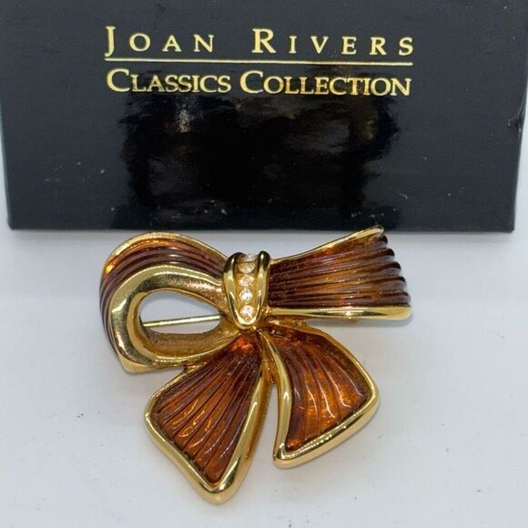Joan Rivers Vintage brown ribbon bow amber resin crystals lucite brooch pin +box - Picture 2 of 9